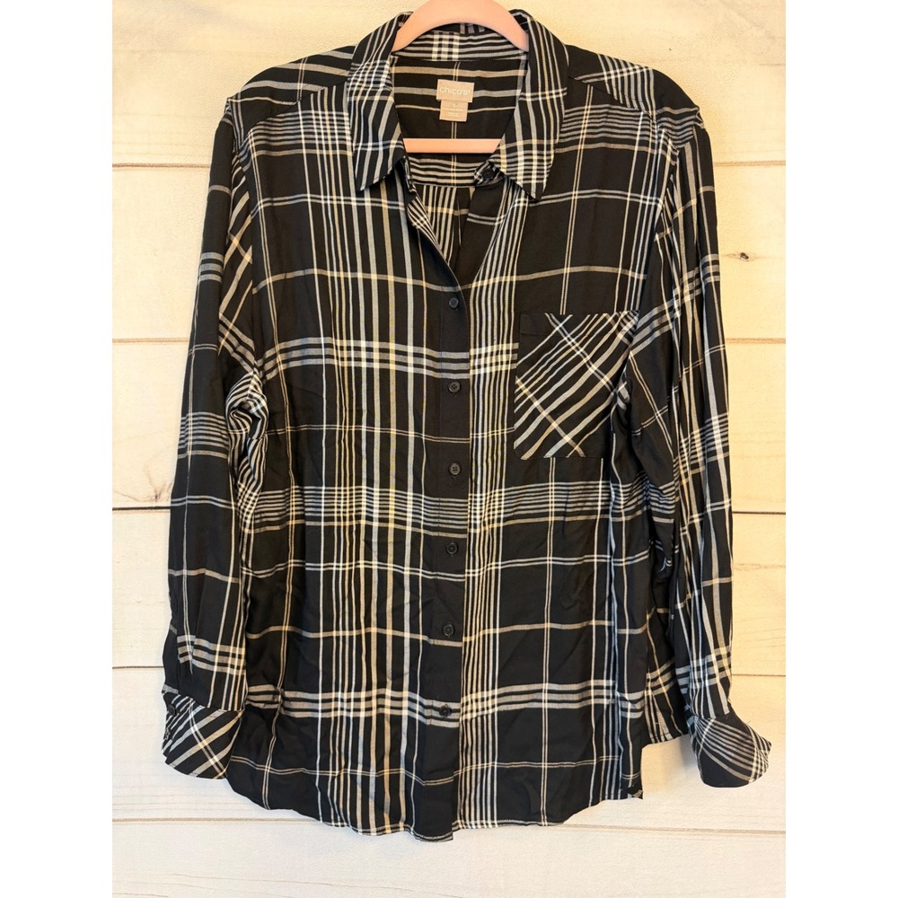 Chicos Womens Black White Plaid Button Down Rayon Shirt Size 3 XL 16/18